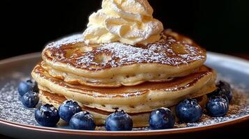 A stack of pancakes with blueberries and whipped cream photo