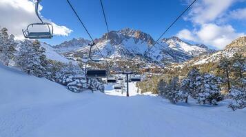A ski lift is going up a mountain photo