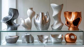 A display of vases on a glass shelf photo