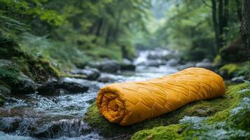 A yellow sleeping bag is laying on the ground next to a stream photo