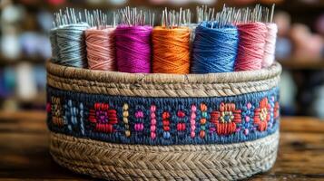 A basket filled with colorful thread and needles photo