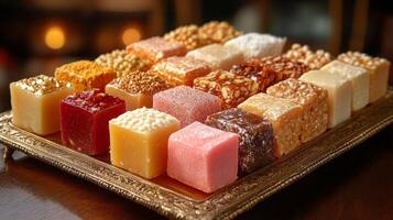 A tray of different types of sweets on a table photo