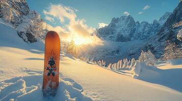 Snowboard resting on fresh snow with a stunning mountain backdrop at sunset photo