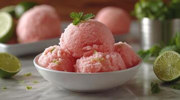 A bowl of pink ice cream with lime and mint photo