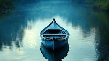 A boat is floating on the water in a foggy morning photo