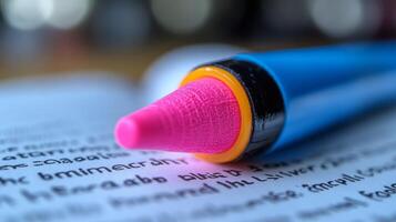 A pink pen is sitting on top of a book photo
