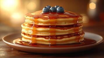 A stack of pancakes with syrup and blueberries photo