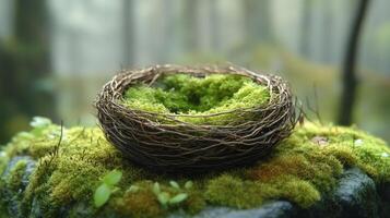 A bird's nest with moss on top of a rock photo