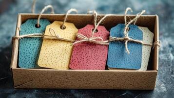 Colorful gift tags in a box on a dark background photo