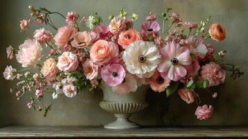 A vase filled with pink and white flowers photo
