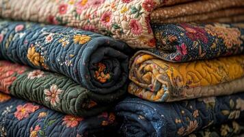 A stack of colorful quilts photo