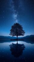 A lone tree is reflected in the water under a starry sky photo
