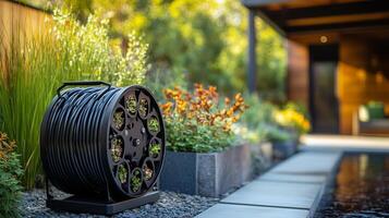 A reel of black hose sitting next to a garden photo