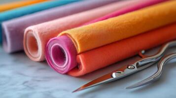 Several colorful felt rolls with scissors sitting on top of them photo