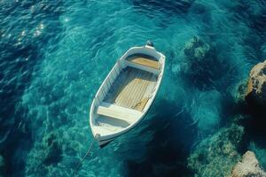 A boat floating in the water near rocks photo