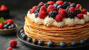 A stack of pancakes topped with berries and cream photo