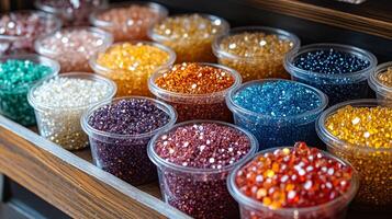 A display of colorful beads in plastic containers photo