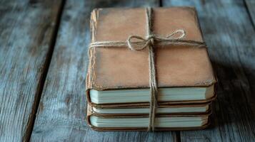 A stack of old books tied with twine on a wooden table photo