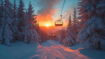 Snow-covered landscape with empty ski lift among pine trees during evening snowfall photo