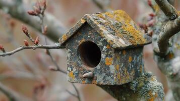 A birdhouse is perched on a tree branch photo