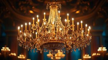 A chandelier with many lights in a room photo