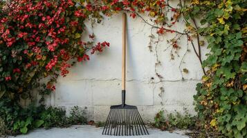 Garden rake placed in front of a white wooden gate surrounded by blooming flowers and green foliage photo