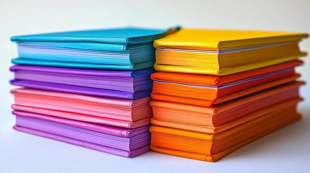A stack of colorful books on a white surface photo