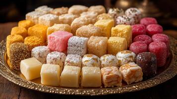 Colorful assortment of traditional sweets displayed on a decorative platter photo
