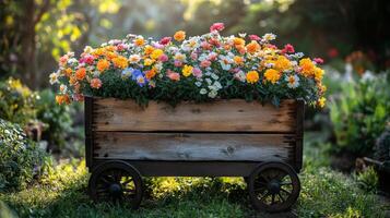 Colorful flower cart surrounded by vibrant blooms in a lively garden setting photo