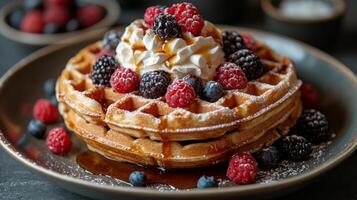 Delicious waffle topped with fresh berries and whipped cream served for breakfast in a modern cafe setting photo