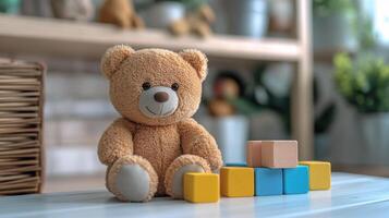 A teddy bear sits next to wooden blocks photo