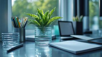 Green succulent plant beside open notebook in modern workspace with soft lighting photo