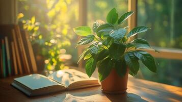 Decorative green plant on wooden table beside open notebook and laptop in cozy workspace environment photo