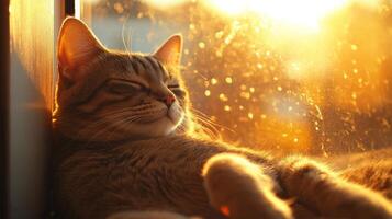 A cat laying on a window sill with the sun shining through the window photo