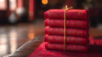 A stack of red boxes sitting on top of a wooden table photo