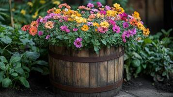 A wooden barrel filled with colorful flowers photo