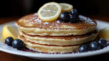 A stack of pancakes with blueberries and lemon slices photo