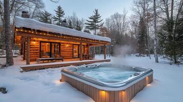 Cozy log cabin with outdoor hot tub in snowy forest setting during winter evening photo