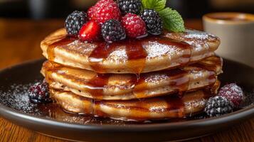 A stack of pancakes with syrup and berries photo