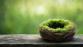 A bird nest with moss on a wooden table photo