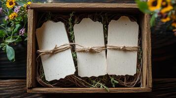 Three white tags in a wooden box with twine photo