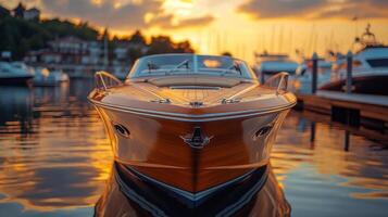 A boat is docked at the dock at sunset photo