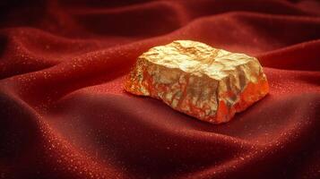Golden nugget on red fabric background photo