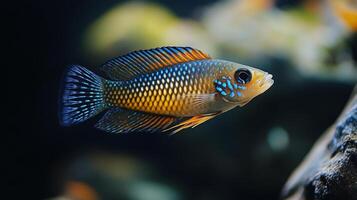 A fish with blue and orange stripes swimming in an aquarium photo