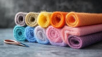 A stack of colorful felt rolls with a pair of scissors photo