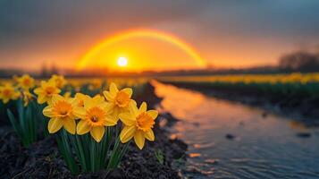 Yellow daffodils in the field at sunset photo