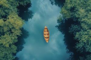 An aerial view of a boat floating in a river photo