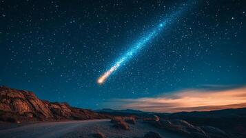 A comet is seen in the sky above a road photo