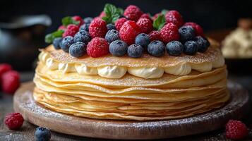 A stack of pancakes with berries and cream photo
