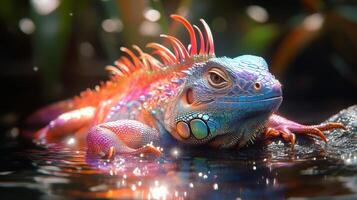 An iguana with colorful spikes is sitting in the water photo